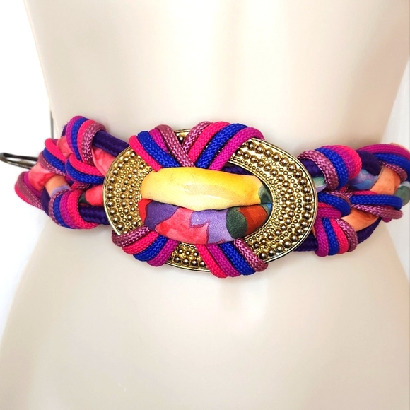 Vintage 1980s Corded Rope Multicolor Braided Women's Belt Pink Purple Gold - Picture 1 of 9